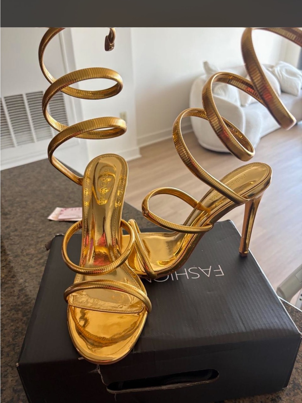 Fashion Nova Metallic Gold Spiral Wrap Stiletto Heels